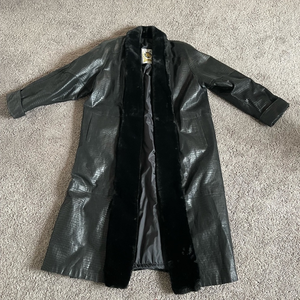 Vintage snakeskin Black genuine Leather Faux Fur Long-sleeved Coat Penny Lane XL